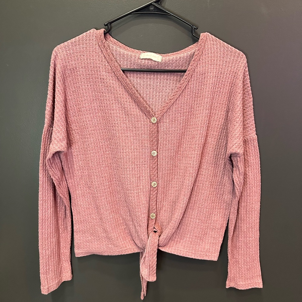 Altar'd State | Pink Mauve Ribbed Tie-Front Blouse | XS
